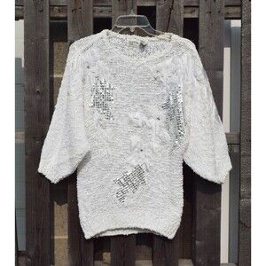 Vintage 80s Bonnie & Bill Cotton Knit Cream Sequin Applique Sweater Sz S